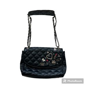 Guess Quilted Shoulder Chain Straps Bag with Decorations, Black